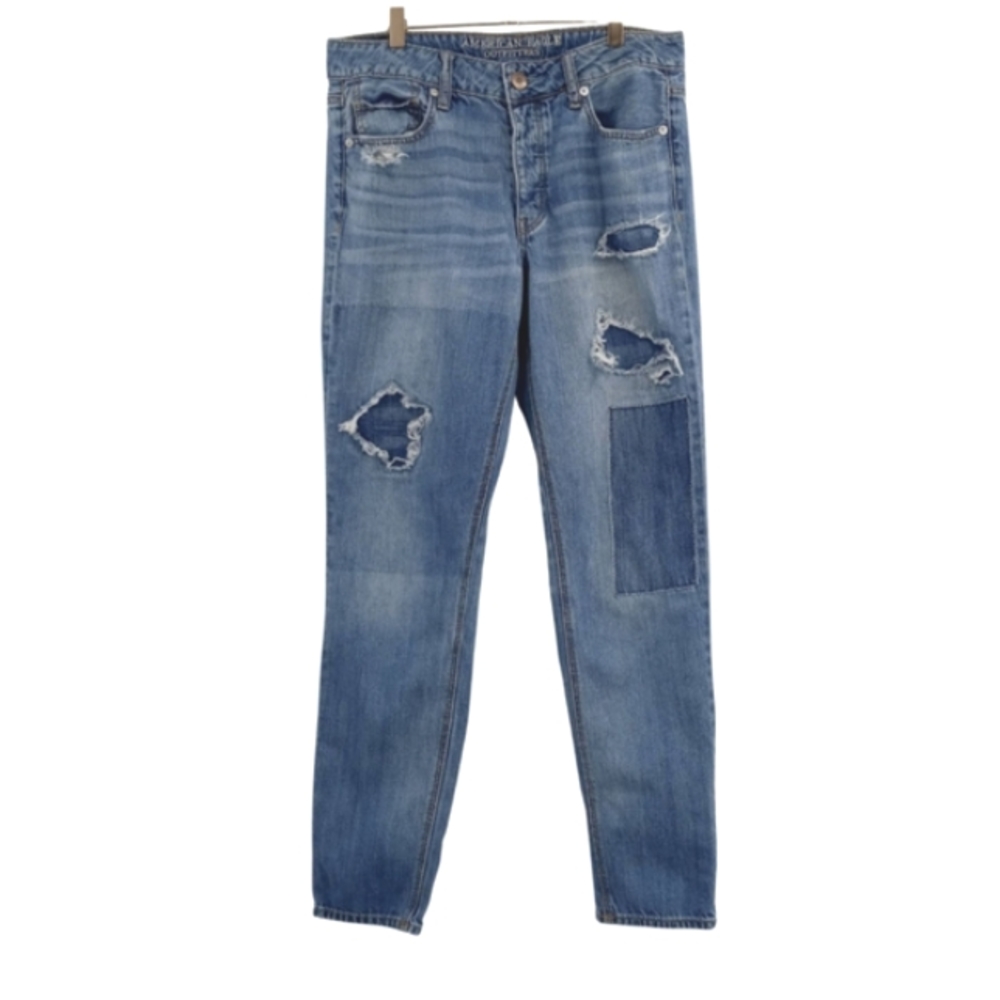 American Eagle Tomgirl Jeans Size 6 Long Distressed Patched High Rise Button Fly